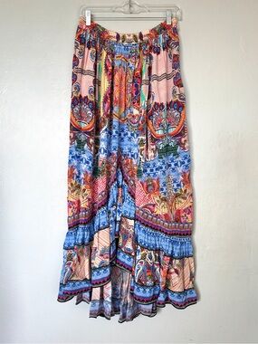 Bhanuni by Jyoti Allaire Moroccan Blue Multi Printed High Low Maxi Skirt Size 6